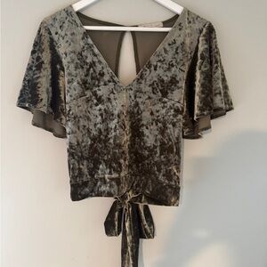 Grayish Green Flutter Sleeve Tie Back Blouse